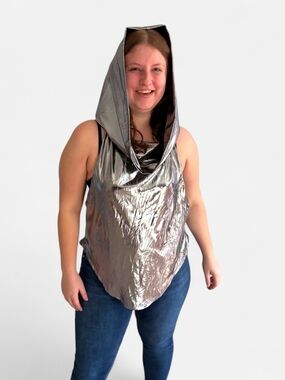 Metallic Silver Hooded Halter Top Y2K Rave Festival Space Cowboy